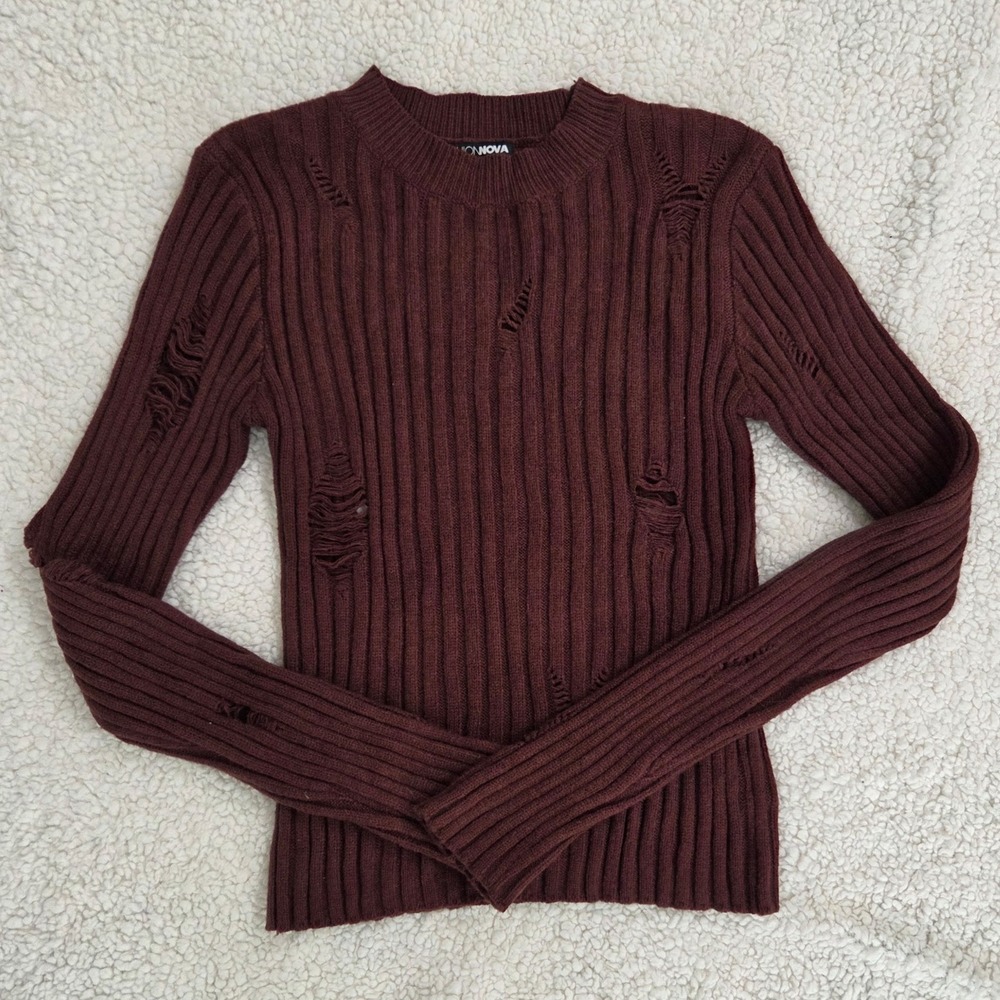 Fashion Nova Distressed Ribbed Knit Sweater Long Sleeve Burgundy Large